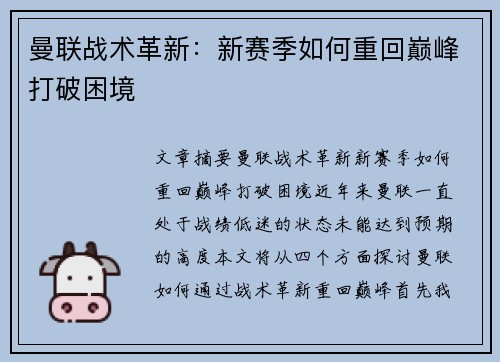 曼联战术革新：新赛季如何重回巅峰打破困境